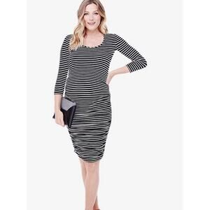 Ingrid & Isabel Maternity navy and white stripe 3/4 sleeve dress
